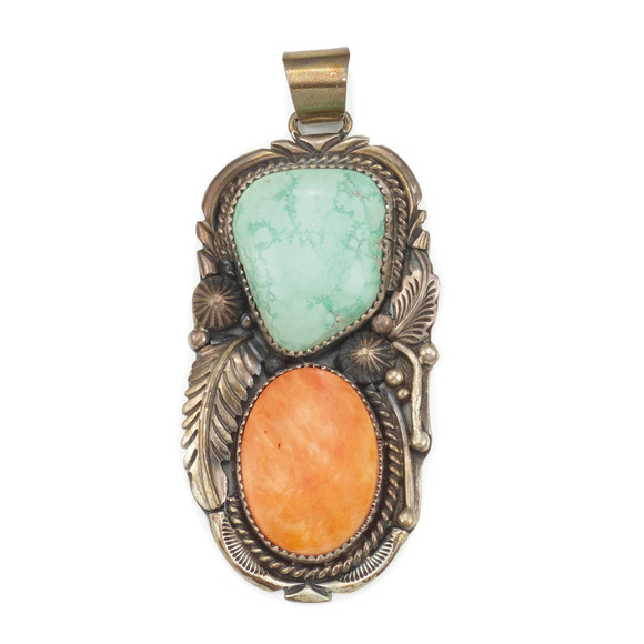 Spiny oyster turquoise pendant sterling signed Jeanette Dale